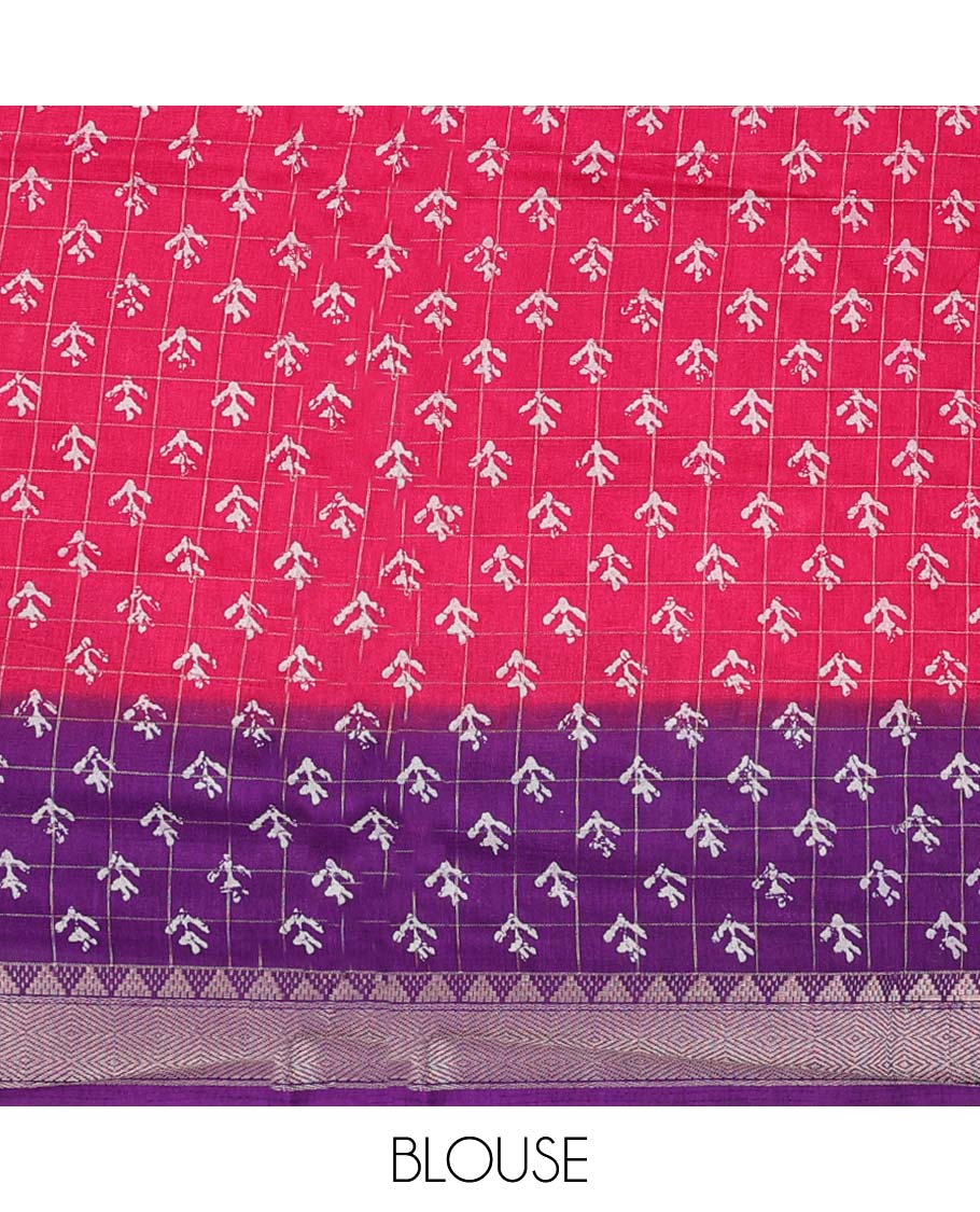 Pink checked & floral motifs print semi-banaras dola saree, contrast jaal border