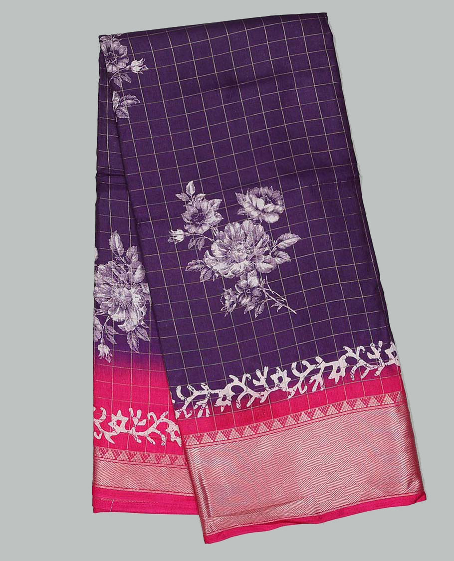 Violet checked & floral motifs print semi-banaras dola saree, contrast jaal border