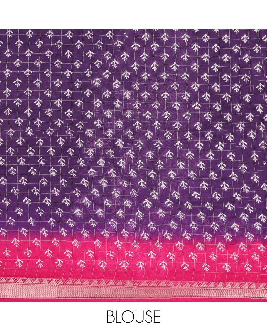 Violet checked & floral motifs print semi-banaras dola saree, contrast jaal border