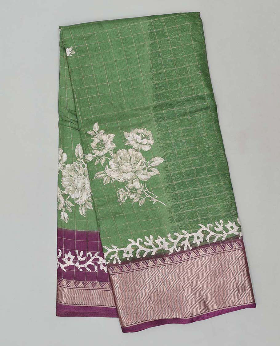 Green checked & floral motifs print semi-banaras dola saree, contrast jaal border