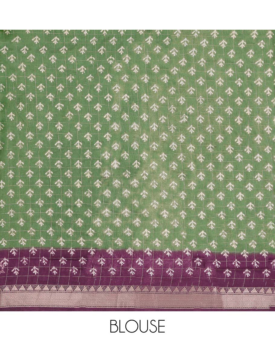 Green checked & floral motifs print semi-banaras dola saree, contrast jaal border
