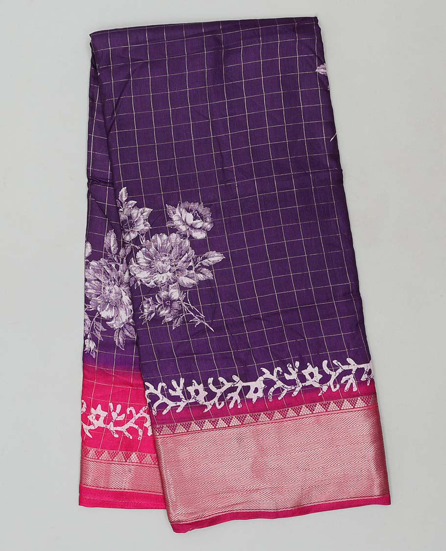 Eggplant purple checked & floral motifs print semi-banaras dola saree, contrast jaal border