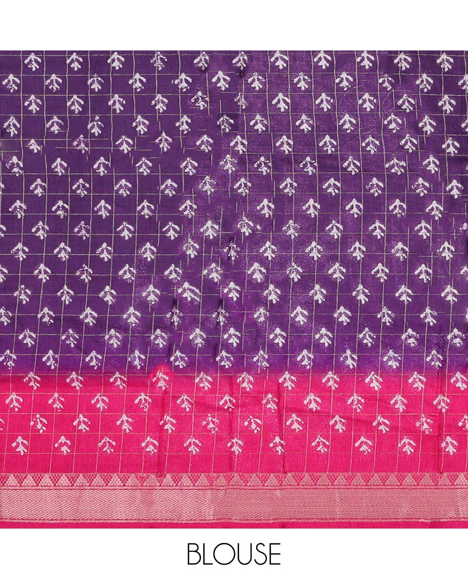 Eggplant purple checked & floral motifs print semi-banaras dola saree, contrast jaal border