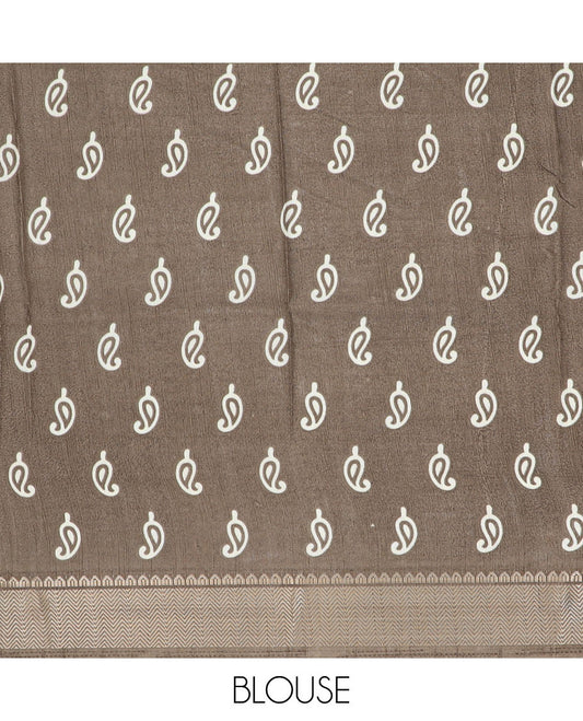 Brown semi-banaras dola saree with paisley motifs, traditional design border