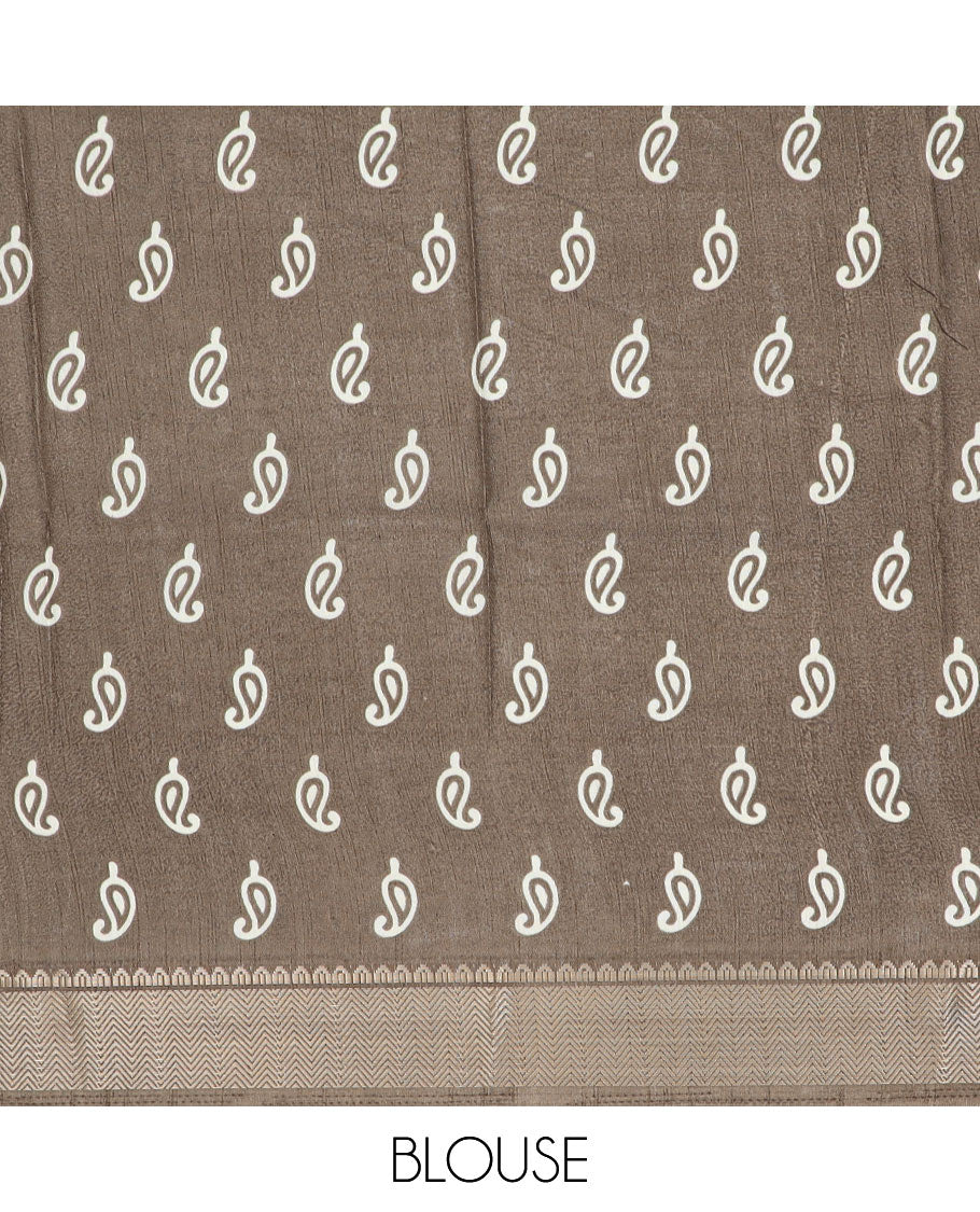 Brown semi-banaras dola saree with paisley motifs, traditional design border