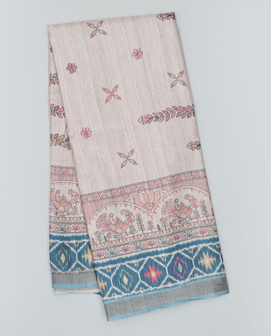 Grey madhubani-style printed semi-banaras dola saree, contrast ikkat design border