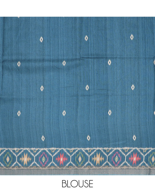 Grey madhubani-style printed semi-banaras dola saree, contrast ikkat design border