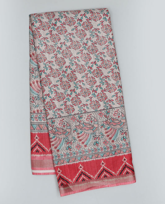 Multi-color madhubani-style floral & peacock printed semi-banaras dola saree, contrast ikkat border