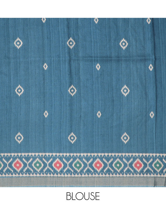 Grey madhubani-style printed semi-banaras dola saree, contrast ikkat design border
