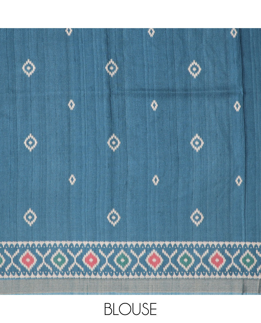 Grey madhubani-style printed semi-banaras dola saree, contrast ikkat design border