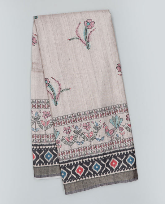 Grey madhubani-style printed semi-banaras dola saree, contrast ikkat design border