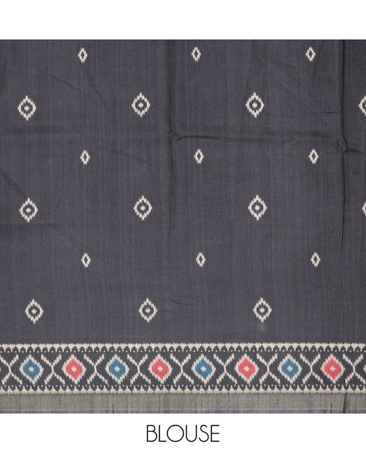 Grey madhubani-style printed semi-banaras dola saree, contrast ikkat design border