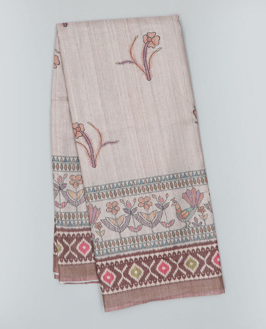 Grey madhubani-style printed semi-banaras dola saree, contrast ikkat design border