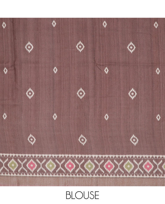 Grey madhubani-style printed semi-banaras dola saree, contrast ikkat design border