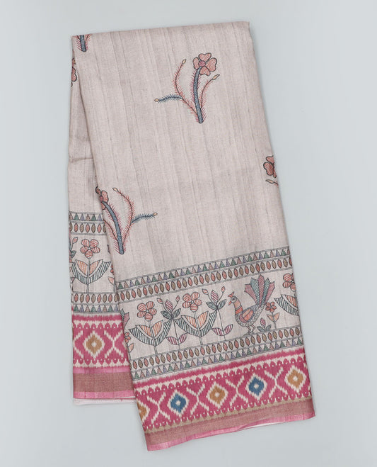 Grey madhubani-style printed semi-banaras dola saree, contrast ikkat design border