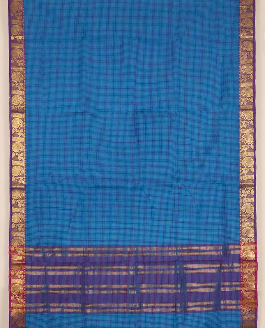 Blue checked nine yards cotton saree, contrast paisley border & pallu of stripes