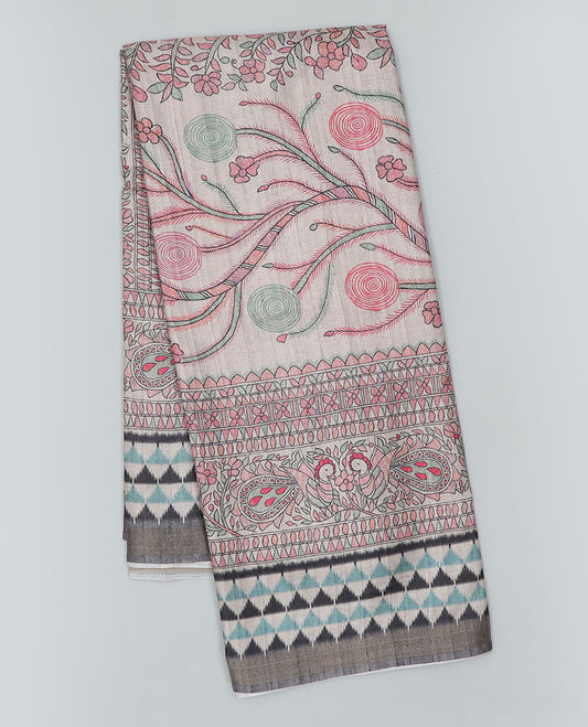 Multi-color madhubani-style floral & peacock printed semi-banaras dola saree, contrast ikkat border