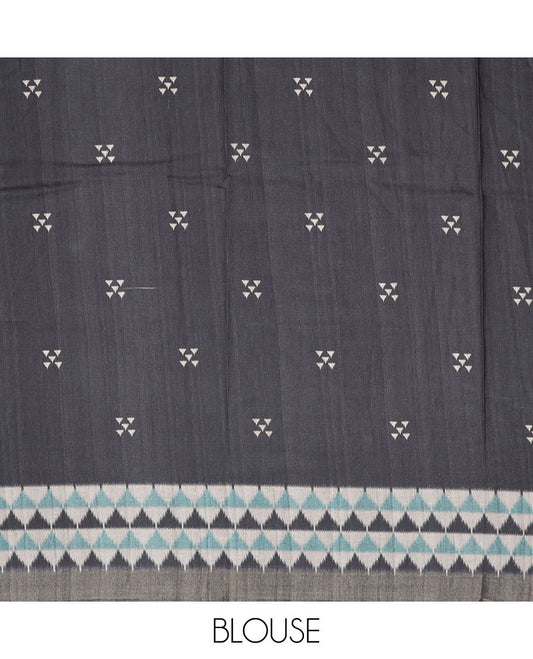 Multi-color madhubani-style floral & peacock printed semi-banaras dola saree, contrast ikkat border