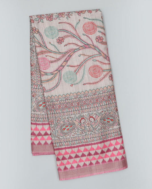 Multi-color madhubani-style floral & peacock printed semi-banaras dola saree, contrast ikkat border