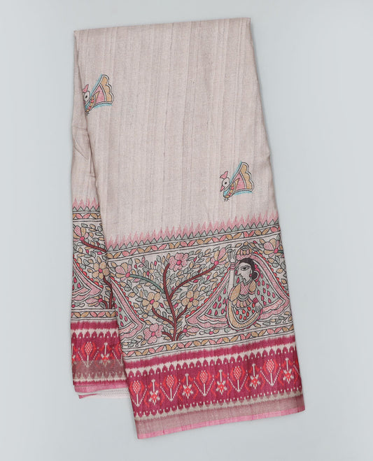 Grey madhubani-style human figurines & peacock printed semi-banaras dola saree, contrast ikkat border