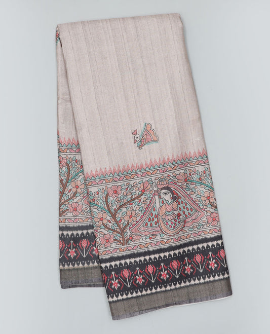 Grey madhubani-style human figurines & peacock printed semi-banaras dola saree, contrast ikkat border