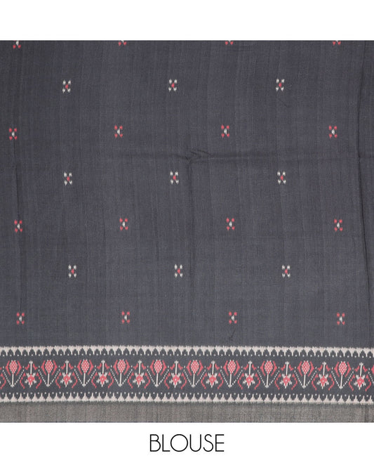 Grey madhubani-style human figurines & peacock printed semi-banaras dola saree, contrast ikkat border