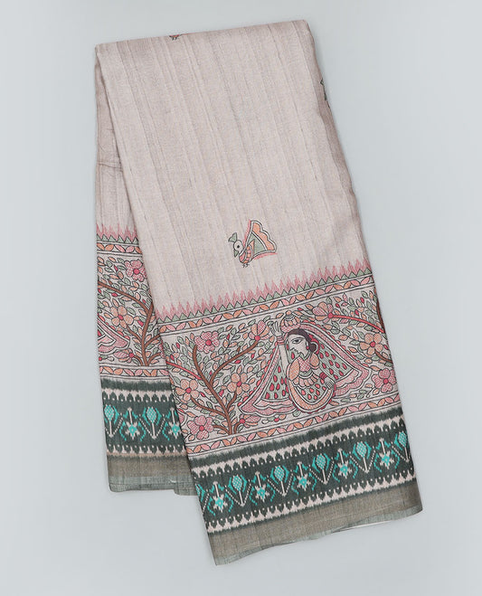 Grey madhubani-style human figurines & peacock printed semi-banaras dola saree, contrast ikkat border