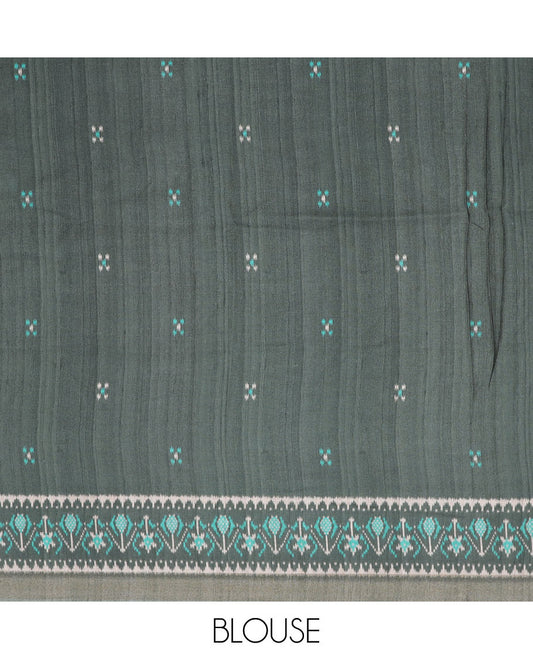 Grey madhubani-style human figurines & peacock printed semi-banaras dola saree, contrast ikkat border