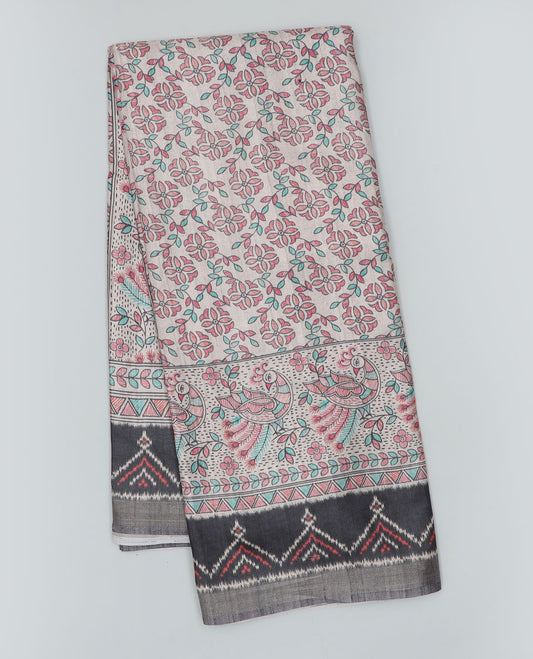Multi-color madhubani-style floral & peacock printed semi-banaras dola saree, contrast ikkat border