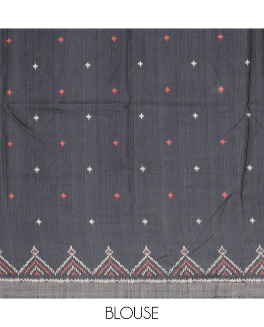 Multi-color madhubani-style floral & peacock printed semi-banaras dola saree, contrast ikkat border