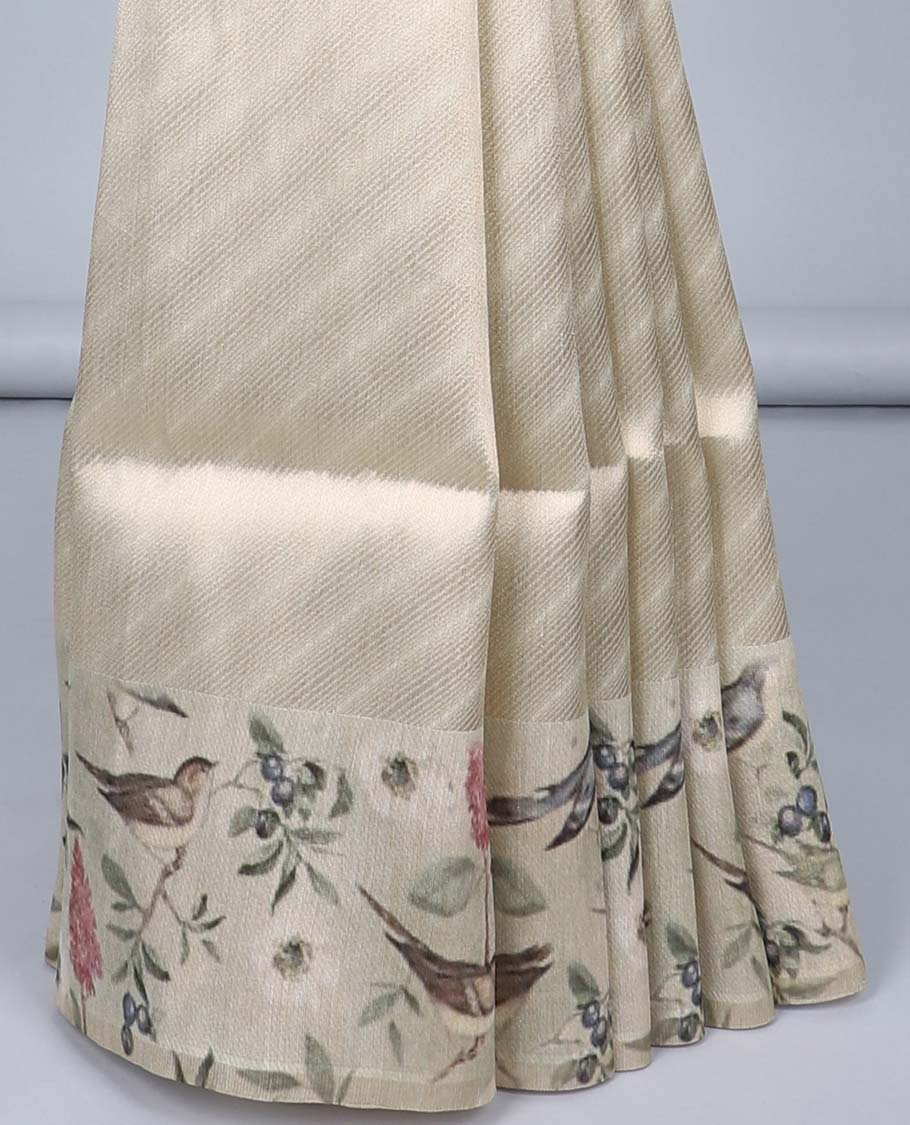 Gold striped semi-banaras tissue saree, contrast border & pallu features floral vine & bird designs 