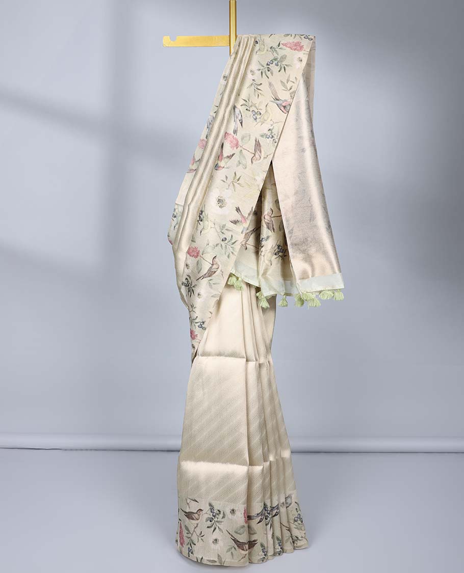 Gold striped semi-banaras tissue saree, contrast border & pallu features floral vine & bird designs 