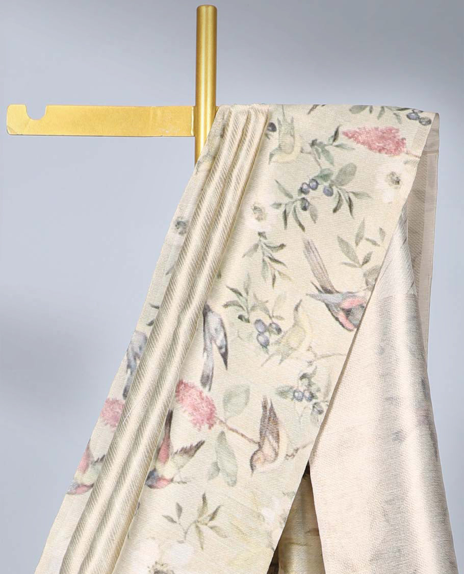 Gold striped semi-banaras tissue saree, contrast border & pallu features floral vine & bird designs 