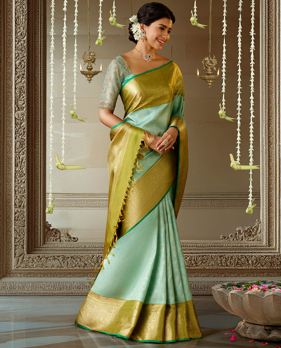 Blue jacquard silk saree, contrast intricate pallu & border of muthu,kathir,poun,neli,kuyil kann,yaanai,mayil & yaali