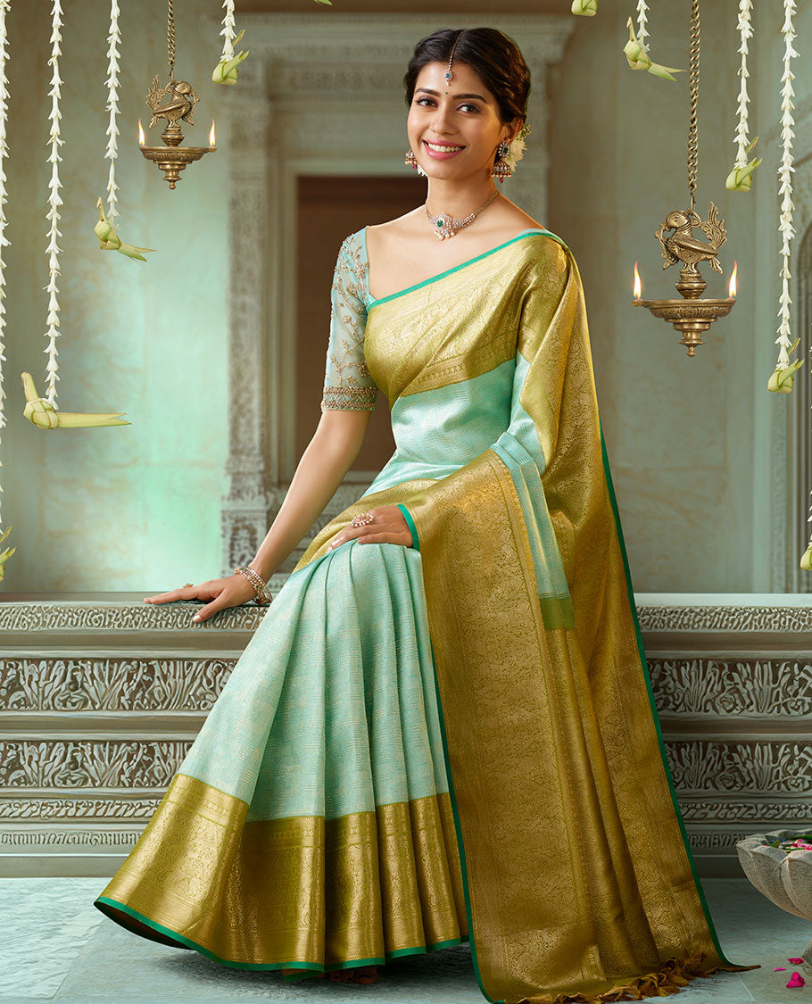 Blue jacquard silk saree, contrast intricate pallu & border of muthu,kathir,poun,neli,kuyil kann,yaanai,mayil & yaali