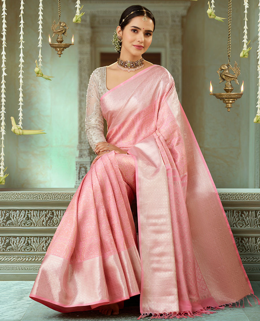 Pink jacquard silk saree, zari enriched geometric border & intricately designed pallu