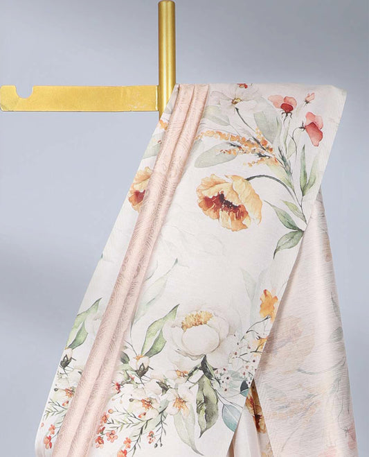 Light sandal paisley printed semi-banaras tissue saree, contrast border & pallu features floral vine print