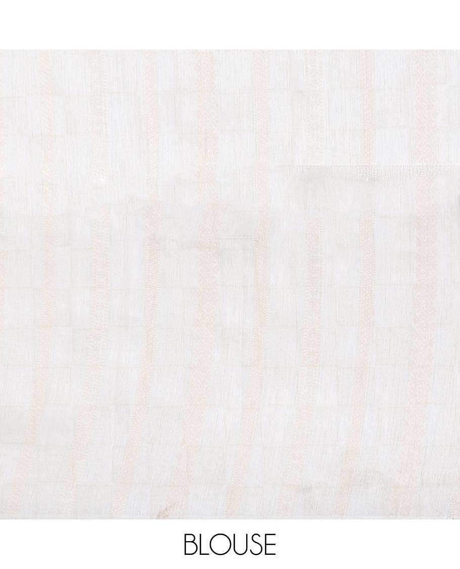 Off-white floral vine printed semi-banaras tissue saree, contrast border & pallu features peacock print