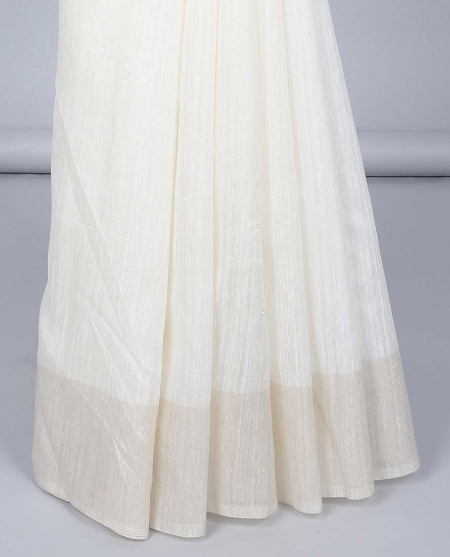 Cream thread embroidered semi-banaras tussar saree, plain border