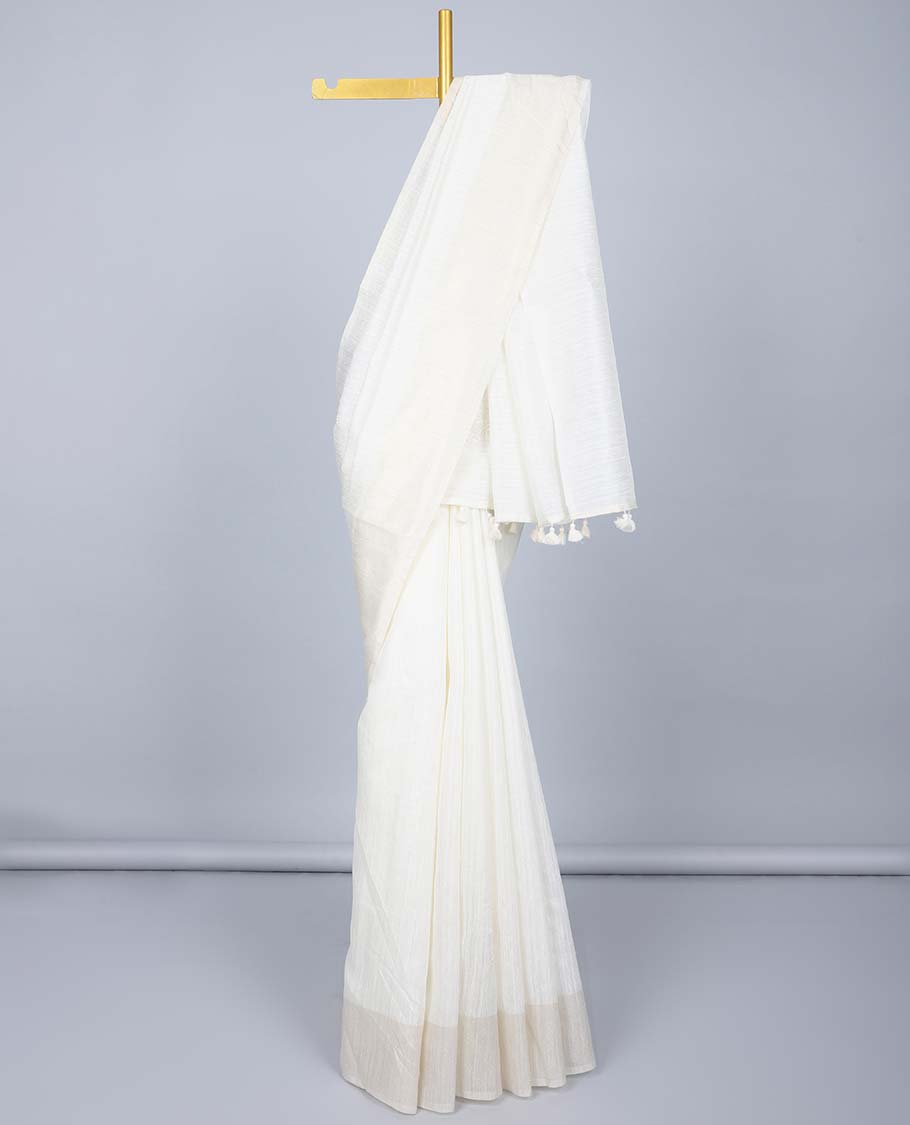 Cream thread embroidered semi-banaras tussar saree, plain border