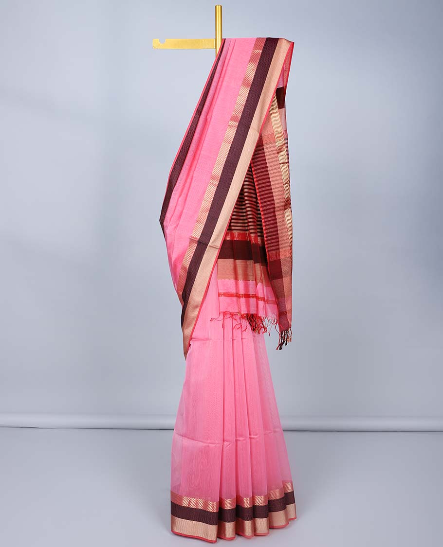 Pink plain maheshwari cotton saree, contrast traditional border & pallu of stripes