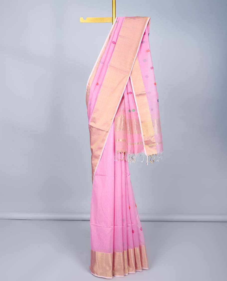 Pink meena buttas maheshwari cotton saree, plain border & pallu of stripes