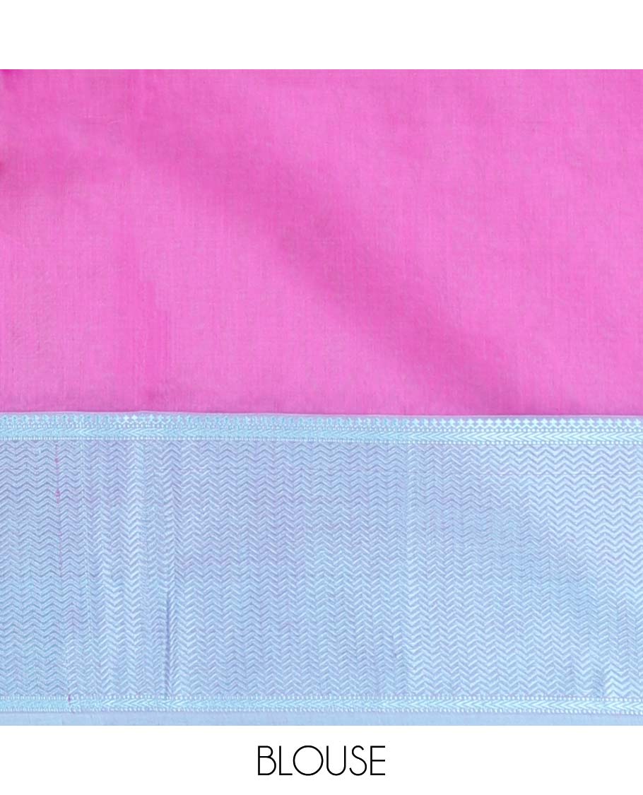 Rani pink plain maheshwari cotton saree, contrast traditional border & pallu of stripes