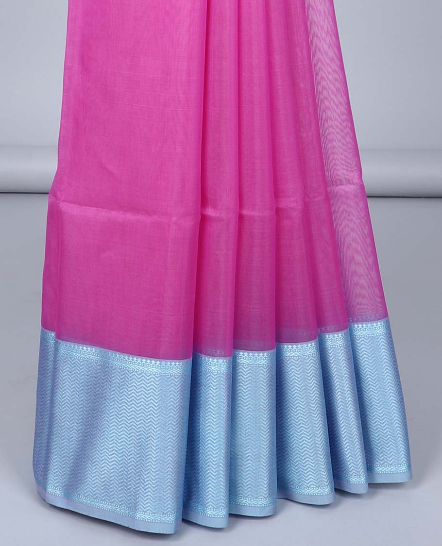 Rani pink plain maheshwari cotton saree, contrast traditional border & pallu of stripes