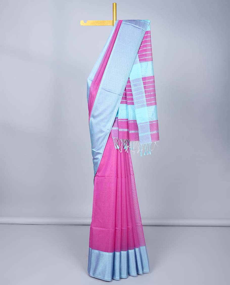 Rani pink plain maheshwari cotton saree, contrast traditional border & pallu of stripes