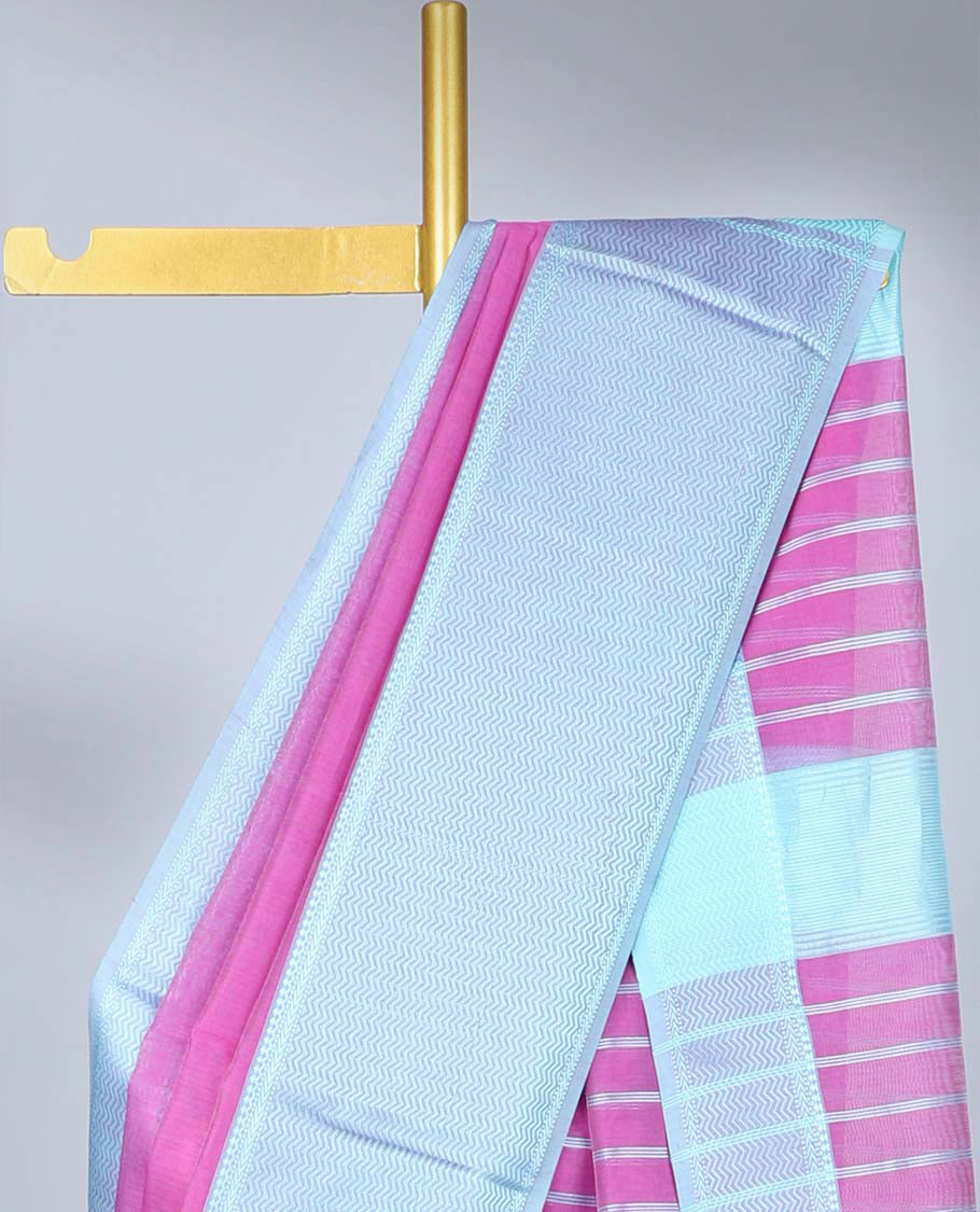 Rani pink plain maheshwari cotton saree, contrast traditional border & pallu of stripes