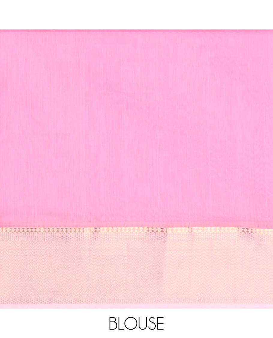Pink plain maheshwari cotton saree, contrast traditional border & pallu of stripes