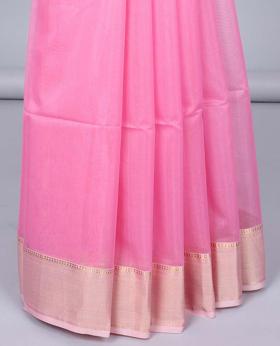 Pink plain maheshwari cotton saree, contrast traditional border & pallu of stripes