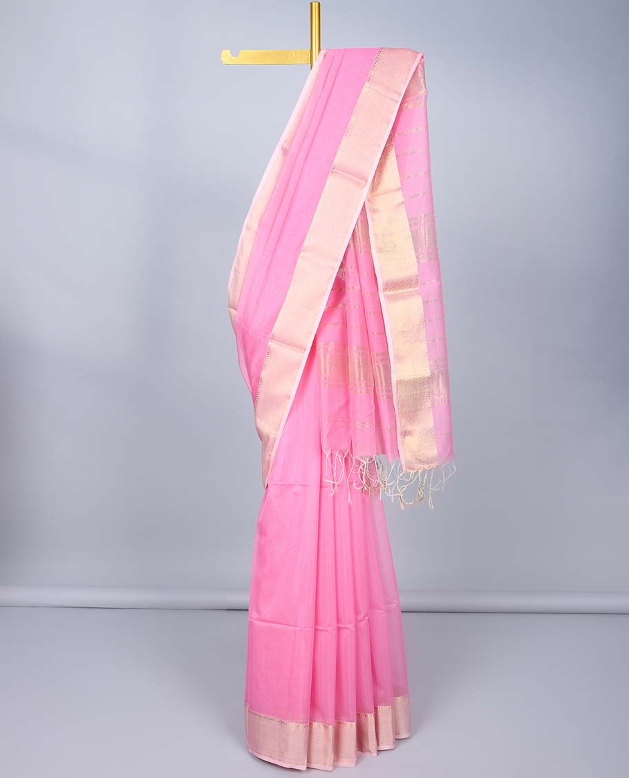 Pink plain maheshwari cotton saree, contrast traditional border & pallu of stripes