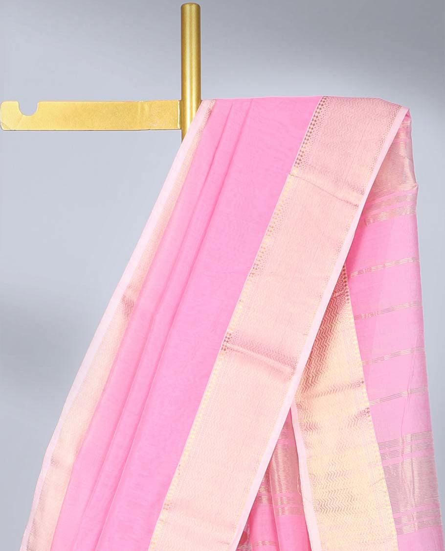 Pink plain maheshwari cotton saree, contrast traditional border & pallu of stripes